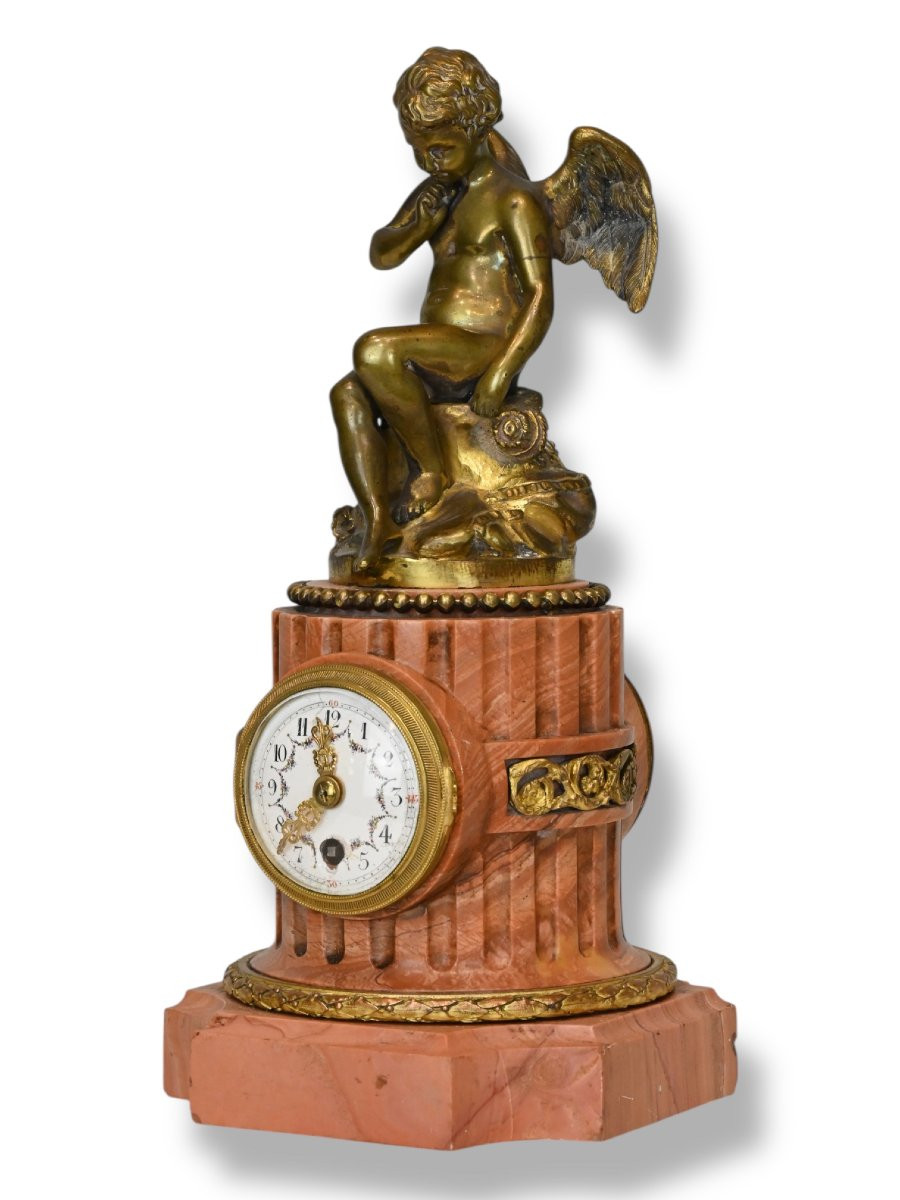 Orologio da Tavolo in Bronzo con Base in Marmo Rossa - Francia Metà XIX Secolo-photo-1